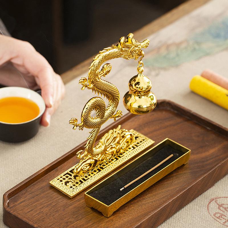 Chinese Feng Shui Golden Dragon Incense Burners with Hulu Fragrance Plate Auspicious Animal Statue Home Office Meditation Decor