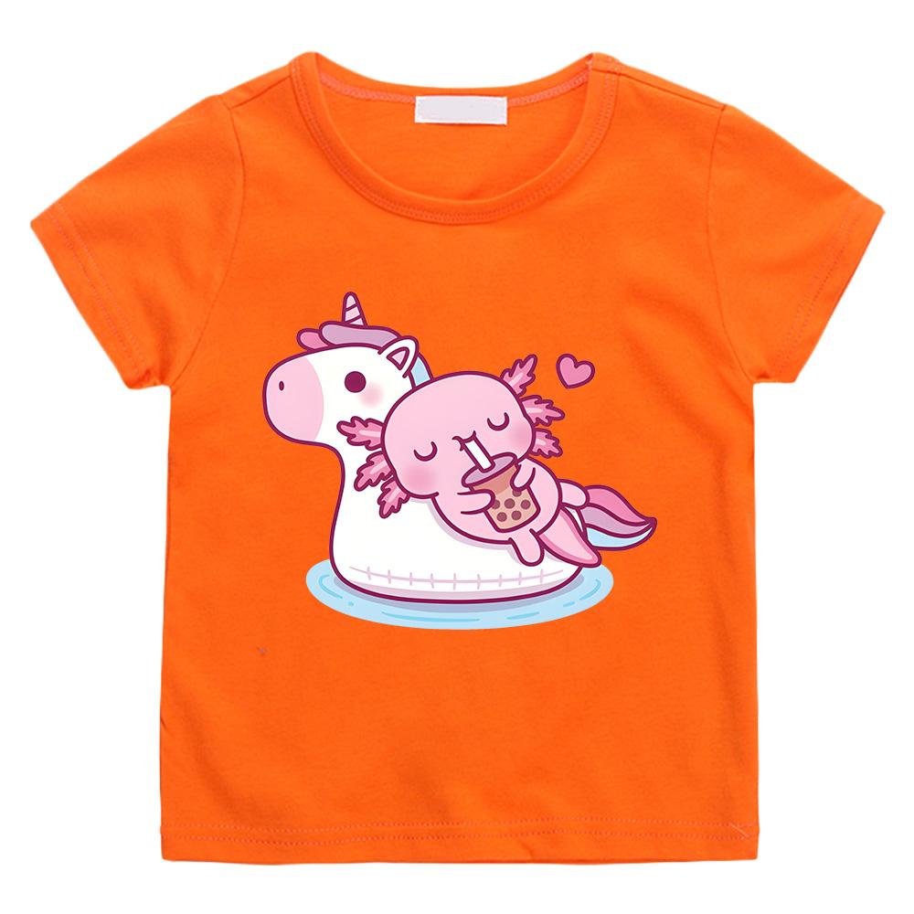 Axolotl Bubble Tea On Unicorn Tshirts Kawaii Anime Print Tops Cute Girl Cotton T-shirts Summer New Versatile Short Sleeve Tees