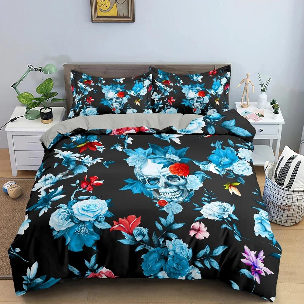 Heißer Stil Weiches Bettwäsche-Set 3D Digital Schädel Druck 2/3-teiliges Bettbezug-Set mit Reißverschluss Einzelbett Twin Doppelbett Full Queen King
