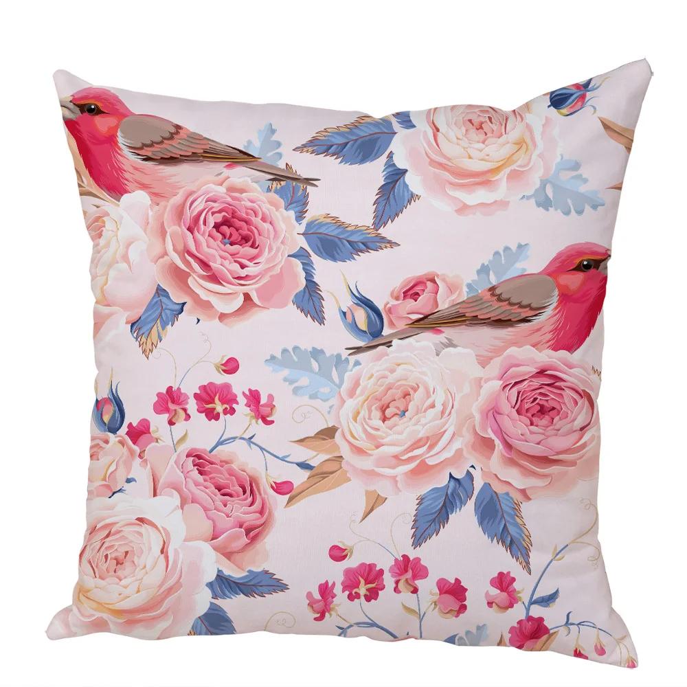 Nordic Style Rose Flower and Birds Pillow Case Cushion Cover for Car Peach Skin Decor Flower Plant Animal Throw Pillowcase