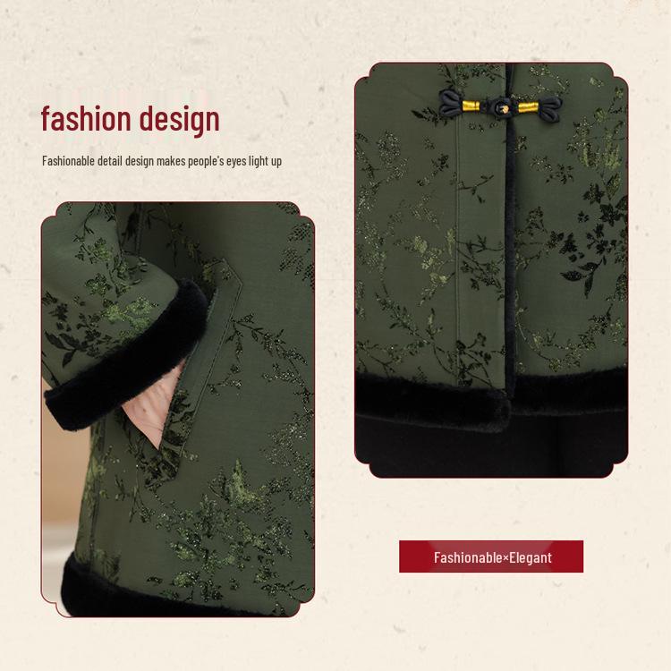 Chinese Winter Deer Velvet Coat with Fur Collar for Middle-Aged & Elderly Women