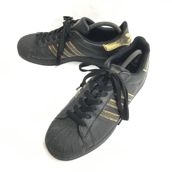adidas originals SUPERSTAR SNAKE BLACK leather sneakers 28 black gold tongue trefoil(USED)