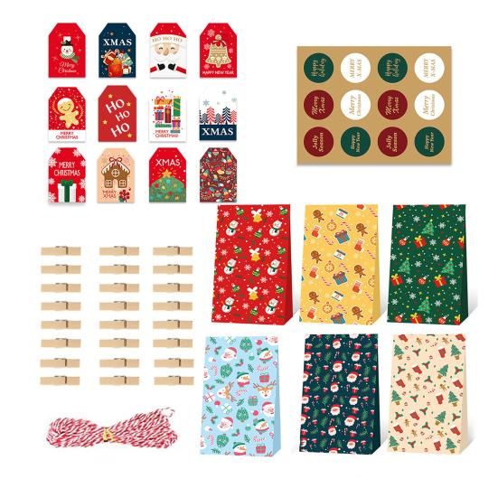 24Pcs/Set Christmas Gift Bag Santa Claus Snowman Deer Pattern Paper Treat Boxes Candy Packaging Festive Goodie Bags Decoration