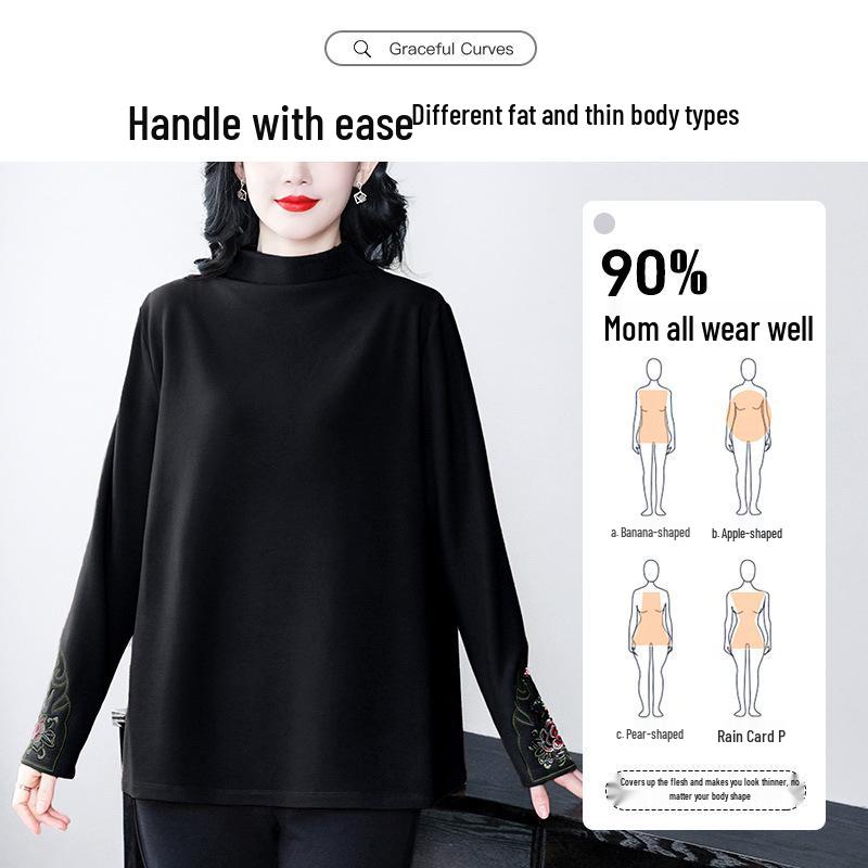 Camiseta de Felpa Bordada de Cuello Semi-Alto para Mujeres de Mediana Edad - Colección Otoño/Invierno