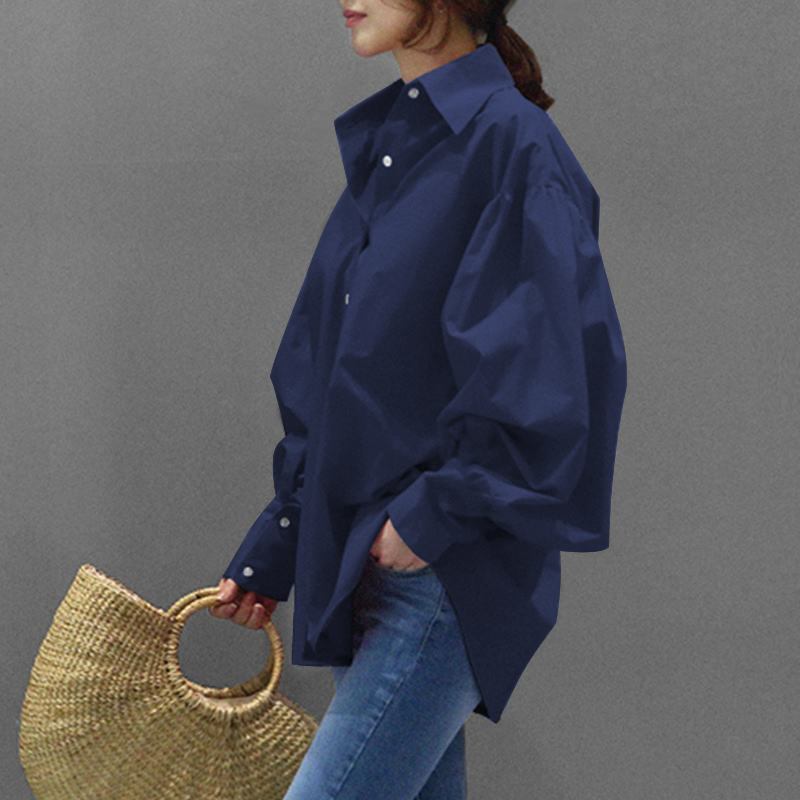 Casual Shirt Casual Lantern Sleeve Lapel Top Vintage Solid Tops Women Ladies Shirt