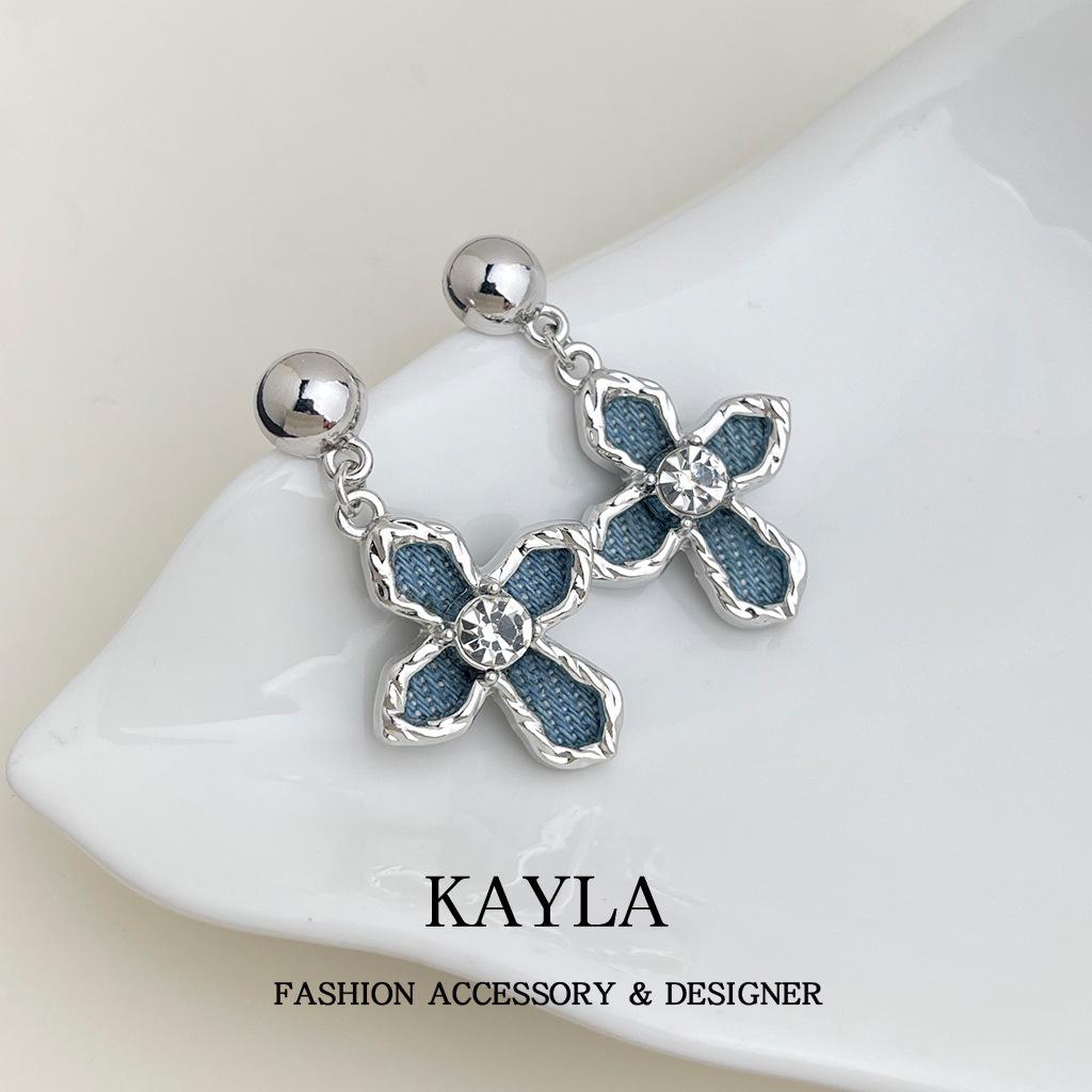 Stylish Denim Blue Cross Stud Earrings: Niche, Sweet, Cool, and Exaggerated High-Class Feel for Women