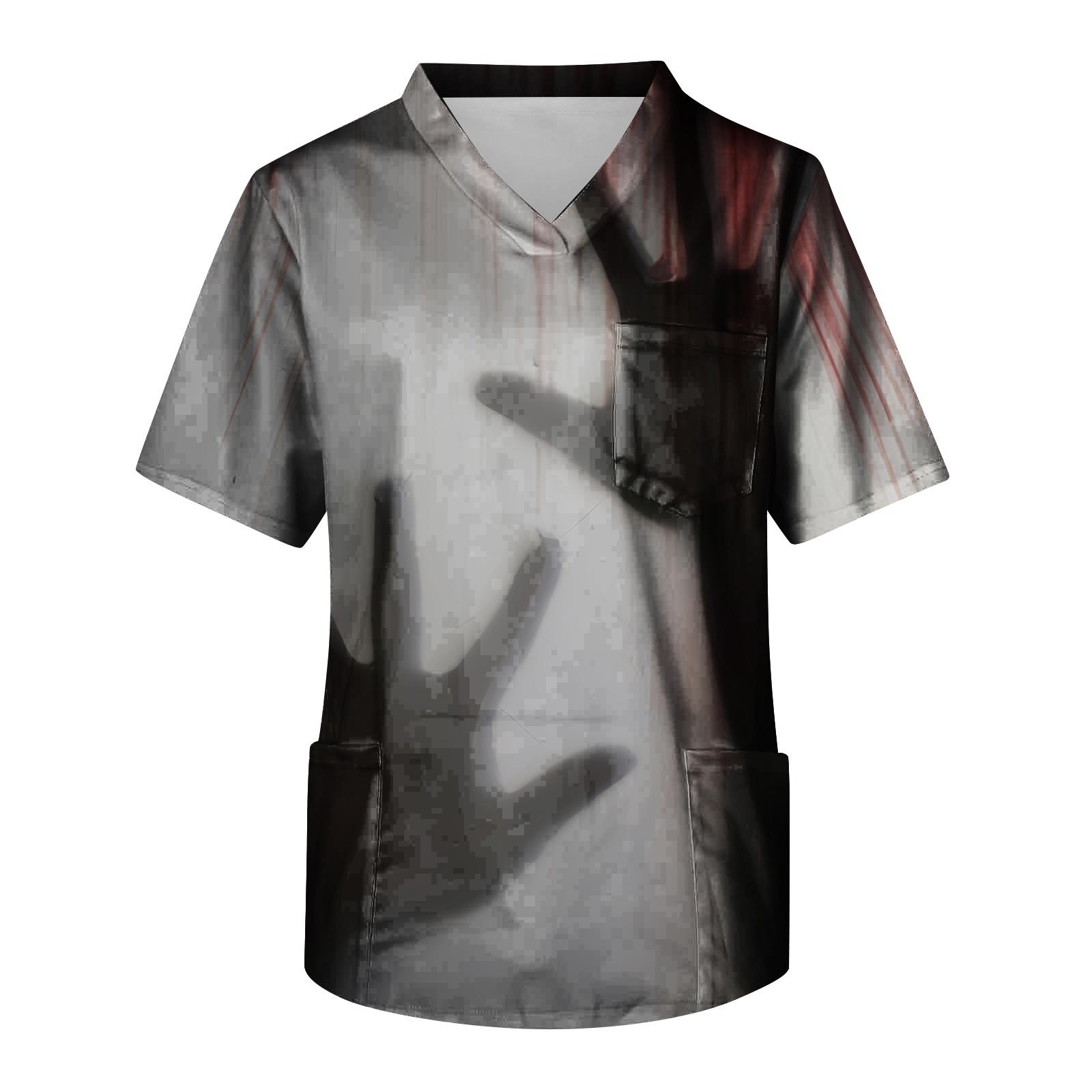 Men s Short Sleeve Halloween Print V-Neck Scrub Top with Pocket - Uniform Shirt XL