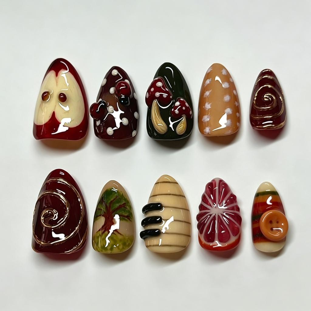 24 Stück Erdbeer-Stil Tragbare Press-on Nägel mit 3D-Dekoration Kurze Mandel-Fingernägel Blume Falsche Nagelkunst