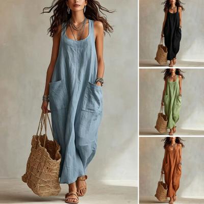 Summer Maxi Dresses for Women, Square Neck Sleeveless Casual Loose Long Dress, Beach Vacation Sundress with Pockets