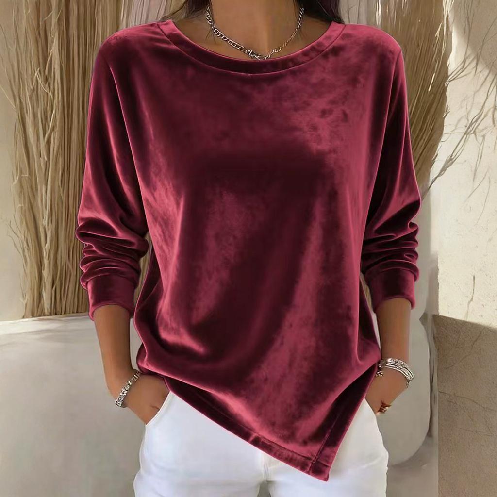 Damen Casual Rundhals Samt Farb Langarm Oberteil