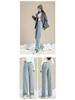 High-Waisted Black-Grey Fleece-Lined Wide-Leg Denim Pants for Women, Autumn/Winter 2025, Perfect for Junior High and High School Students
