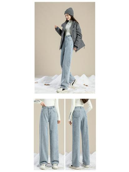 High-Waisted Black-Grey Fleece-Lined Wide-Leg Denim Pants for Women, Autumn/Winter 2025, Perfect for Junior High and High School Students