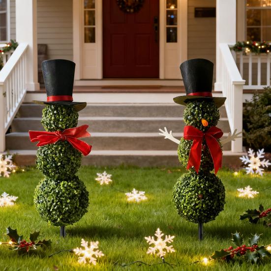 Christmas Snowman Topiary Artificial Snowman Shaped Topiary Tree with Bow And Hat Outdoor Boxwood Topiary with Stake for Home Porch Decor