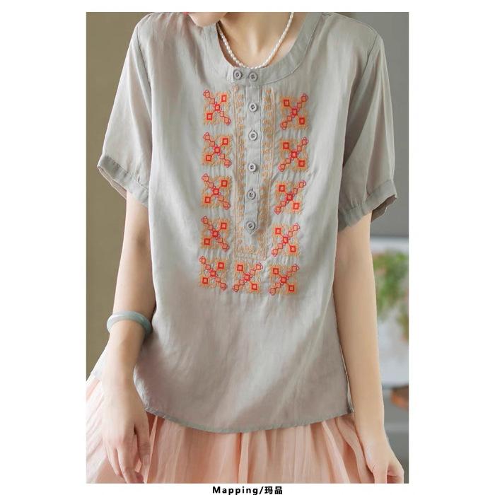 

Летняя новая китайская хлопково-льняная вышитая рубашка с коротким рукавом женская с полуоткрытым круглым вырезом однотонный пуловер M светло-серый