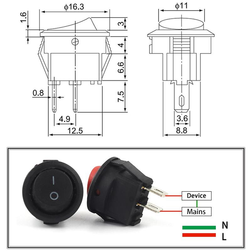 10PCS Mini Round 2 Pin Diameter Small Round Boat Rocker Switches Black Black Red  ON-OFF Rocker Switch KCD1-105
