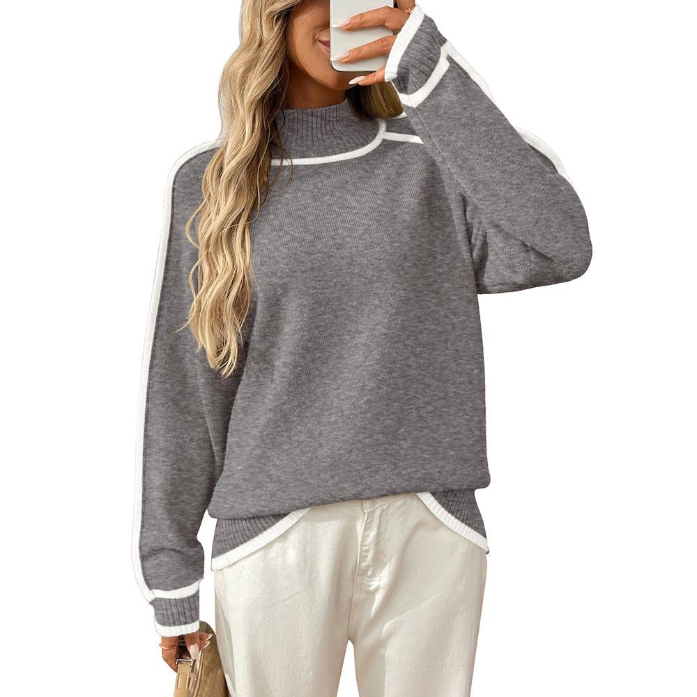 Autumn and Winter Semi High Neck Casual Loose Pullover Lazy Contrasting Women's Sweaters