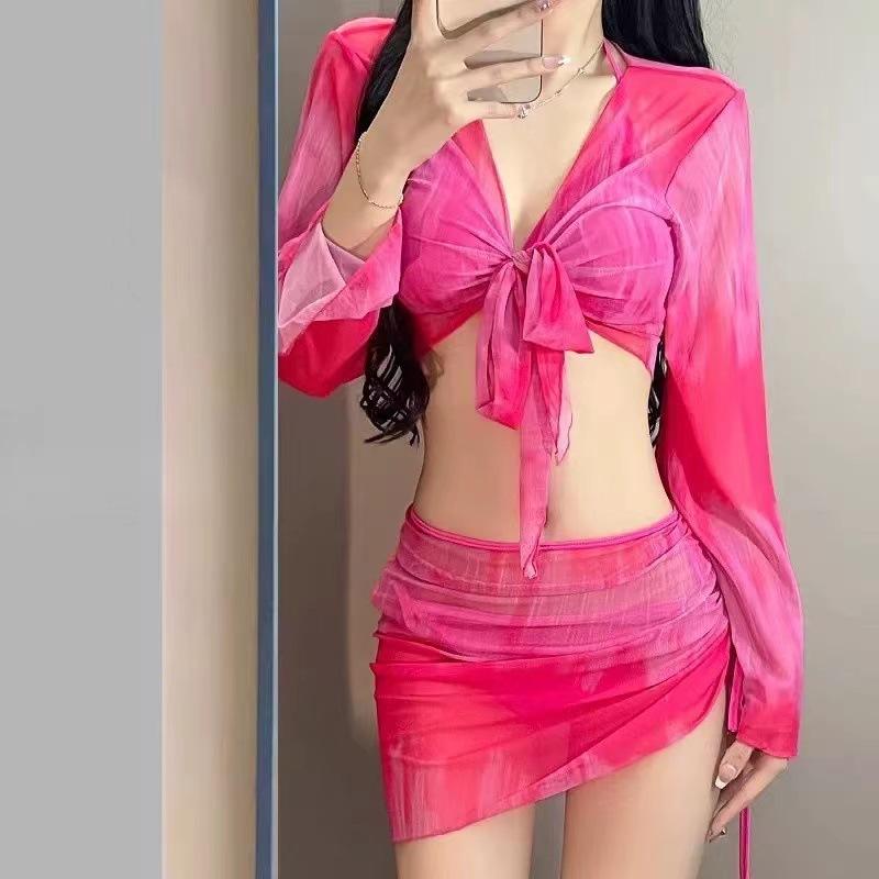 Korean version split four-piece bikini long-sleeved sunscreen blouse wrapped skirt drawstring design sense Internet celebrity swimsuit women