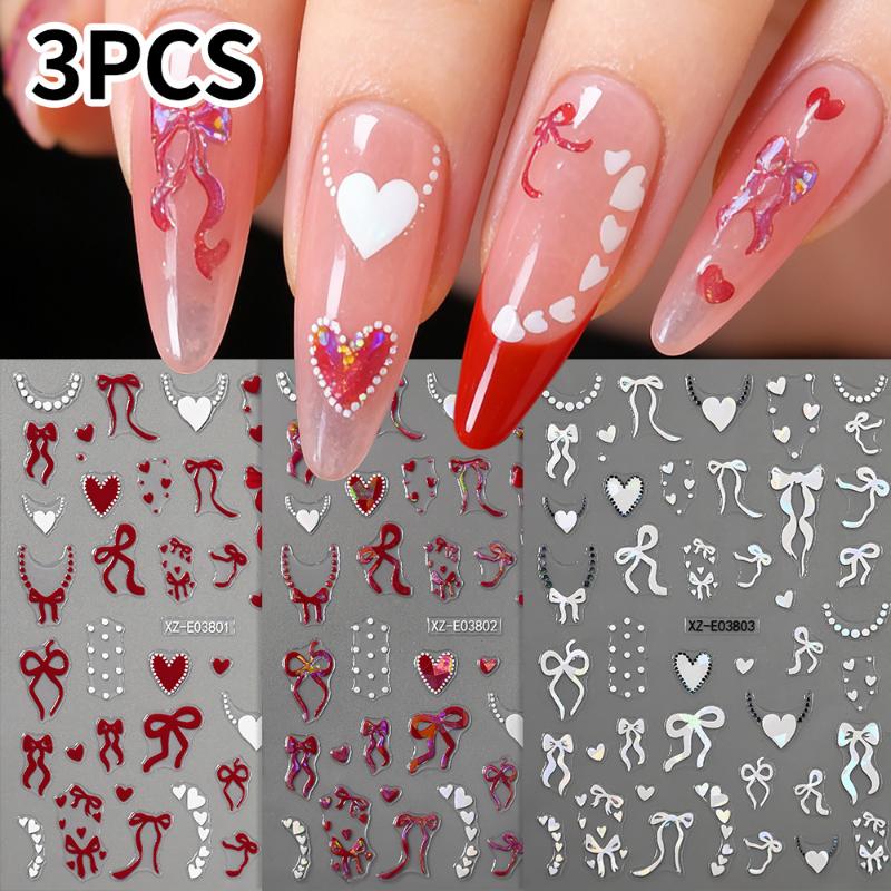 Aurora Francuska Wstążka Serce Naklejki na Paznokcie Perłowy Łańcuszek Miłość Klejące Naklejki na Paznokcie Walentynkowe Kokardki Naklejka do Manicure