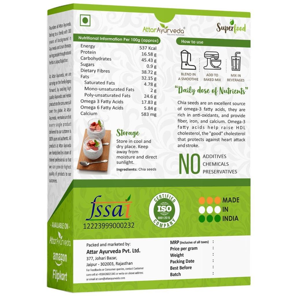 Attar Ayurveda Chia Seeds 250 gm Pack of 1 | Pure Natural Superfood for Weight Control, Heart Health, and Digestive Wellness