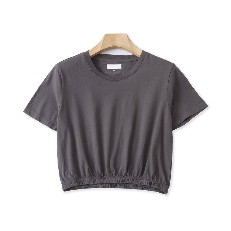 

B/4 Summer New Arrival Foreign Trade Women s Clothing Youth Fashion Loose Leisure All-Matching round Neck Pullover Short Sleeve Washed Cotton T-shirt Dark gray XS