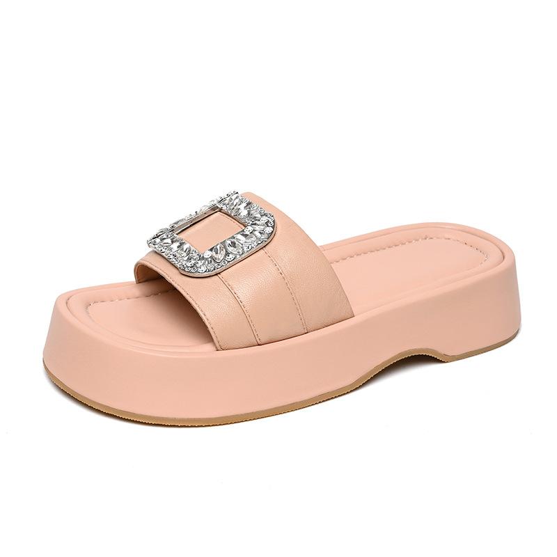 

Новые кожаные шлепанцы со стразами, не натирающие, летняя обувь, женские сандалии из овчины, модная универсальная женская обувь высокого класса 39