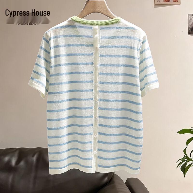 

Women s Striped Color Block Short Sleeve Knitted T-Shirt Free Size