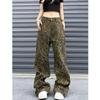 Autumn New High Street American Retro Design Leopard Print Wide Leg Jeans Straight Loose Casual Pants