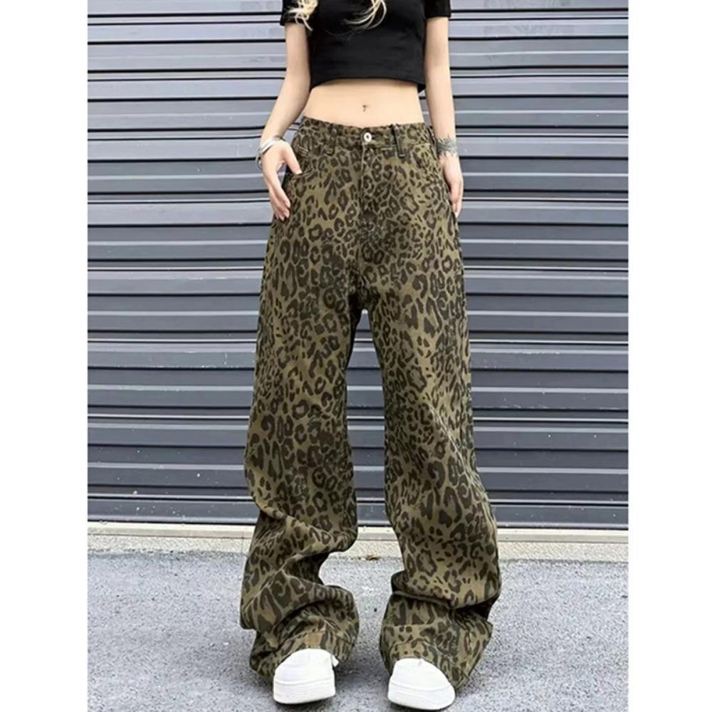 Autumn New High Street American Retro Design Leopard Print Wide Leg Jeans Straight Loose Casual Pants