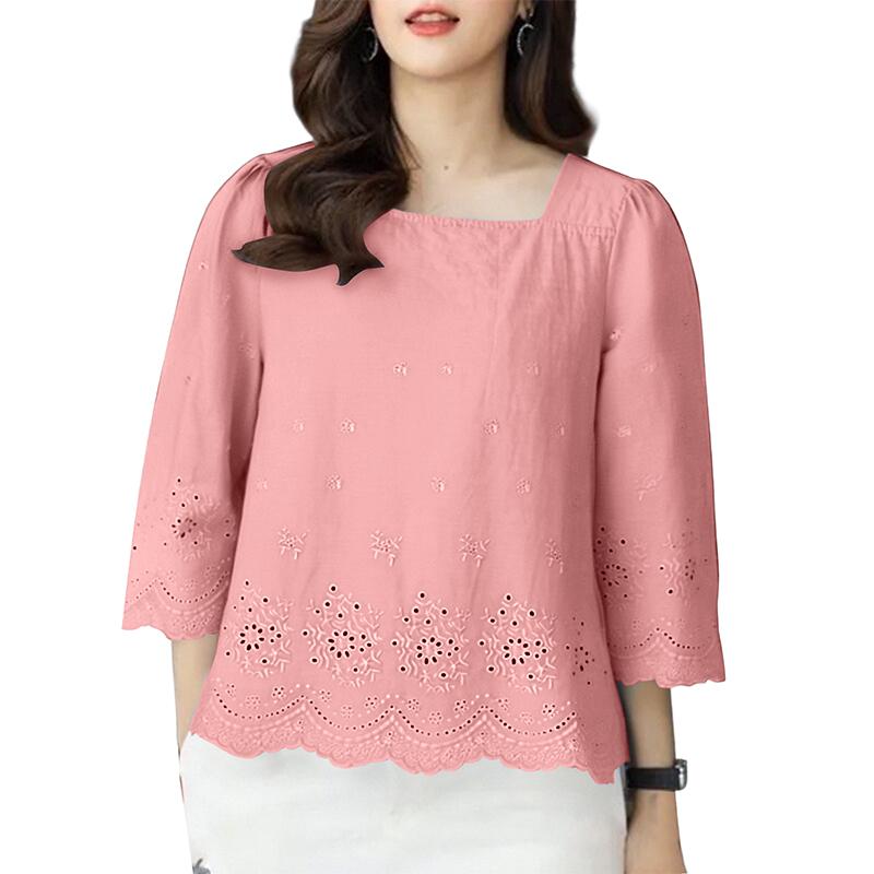 

ZANZEA Женская повседневная блузка с круглым вырезом и рукавами 3/4 свободного кроя, пэчворк с вышивкой 4XL розовый