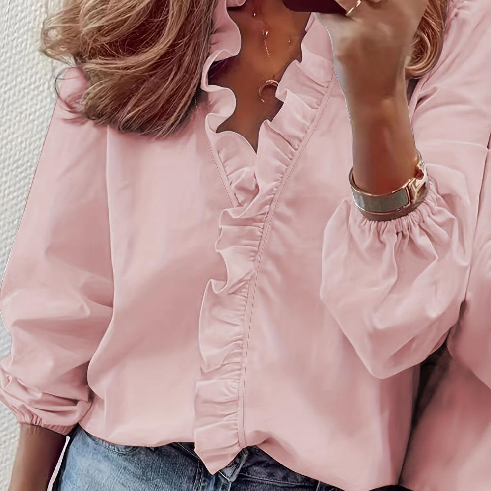 women's Loose Ruffled V Neck Blouse Solid Color Long Sleeve Shirt Elegant Commute Casual Wear Tops