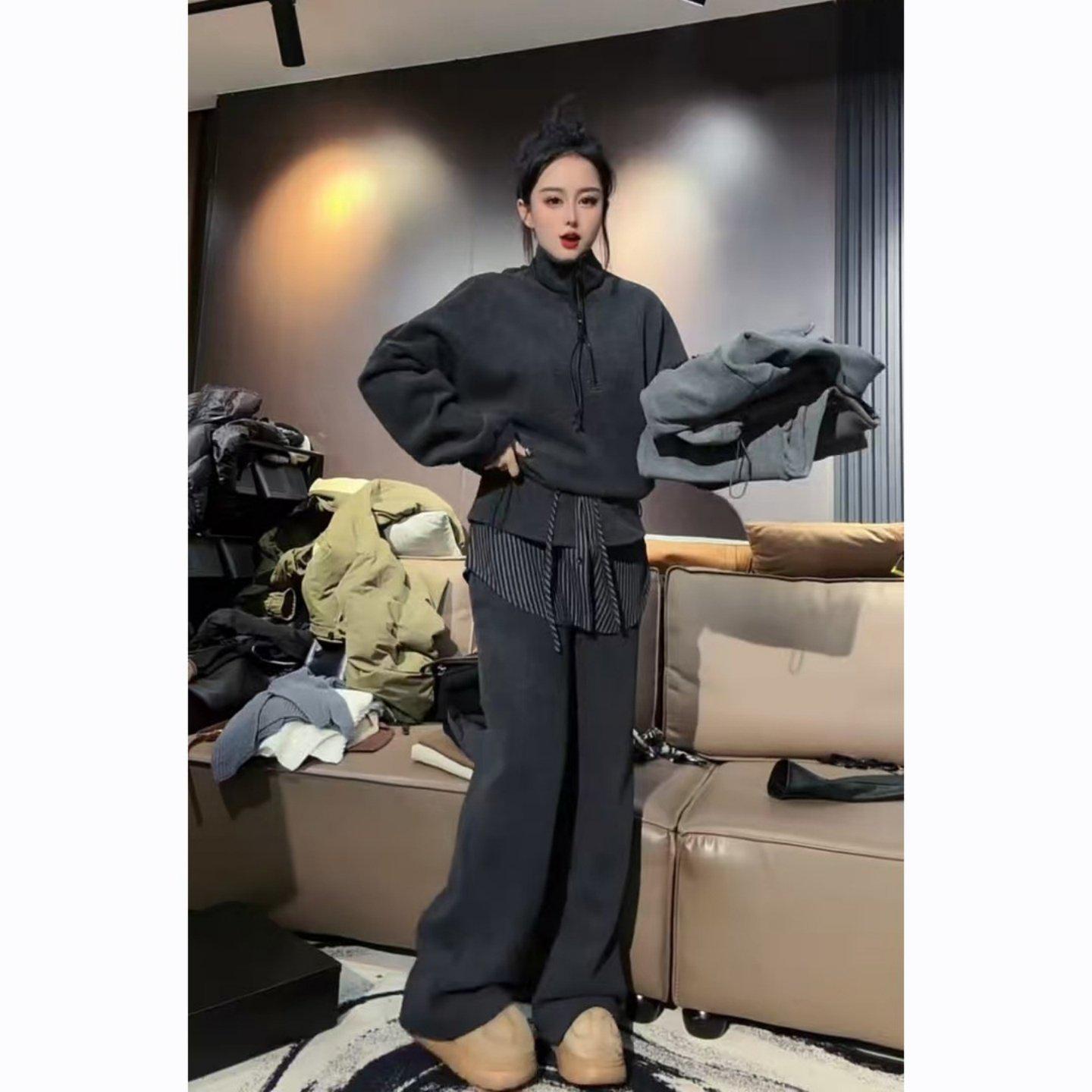 

Winter Trendy Two-Piece Set: Slimming High-End Loose Half-Zip Stand Collar Hoodie & Casual Wide-Leg Pants S
