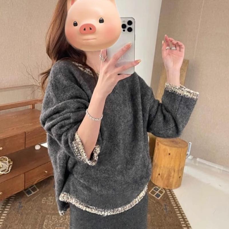 Spring Fall Women Knitwear Lazy Style Pink Elegant Round Neck Pullover Sweater Women Top