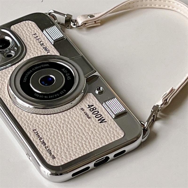 Capa de celular com câmera retrô 3D de luxo criativa para iPhone 14 13 12 11 Pro Max 14plus Capa de celular de TPU macio e fofo com cordão e capa traseira