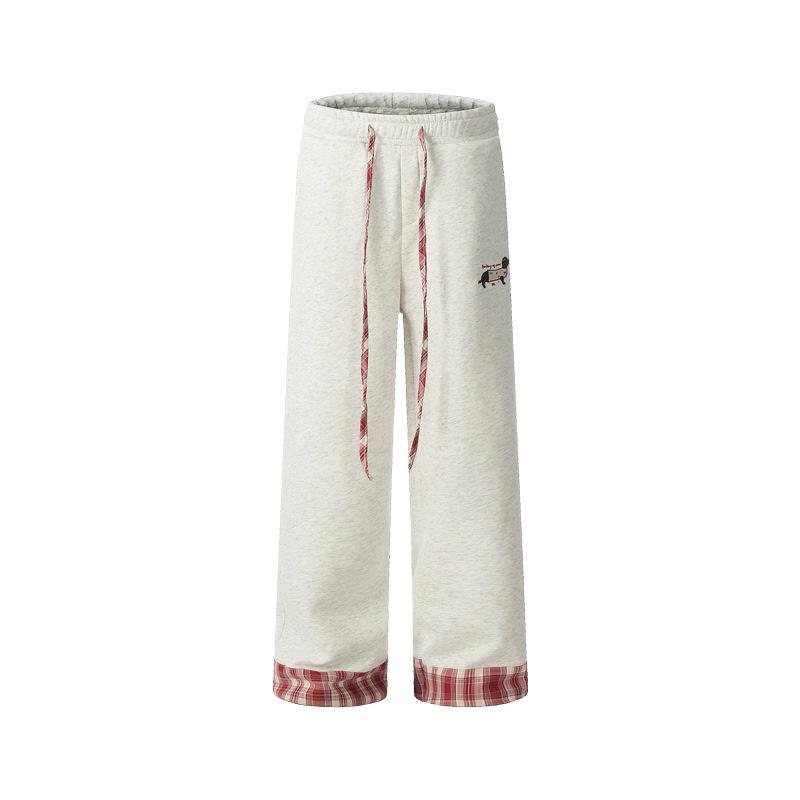 Women s Retro Embroidered Wide-Leg Sweatpants with Rolled Hem - Autumn/Winter Casual Style XXL серый/белый