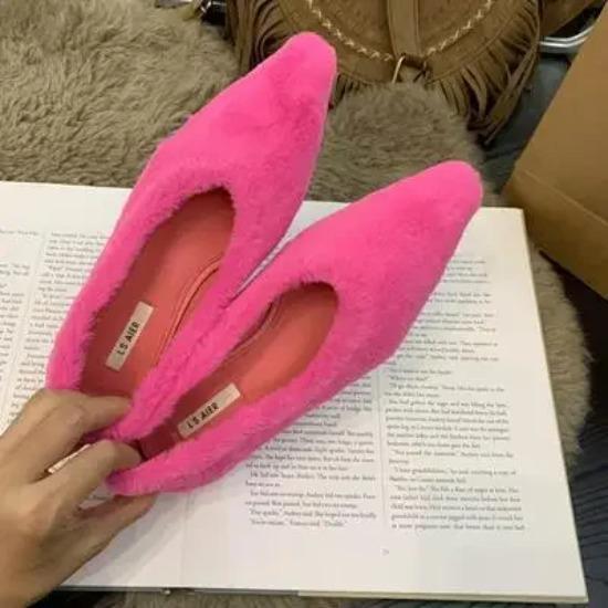 Pointed Toe Fur Ballet Flat Woman Shoes Winter Warm Plush Shallow Loafer Ladies Concise Furry Heeled Dress Shoes  Mujer