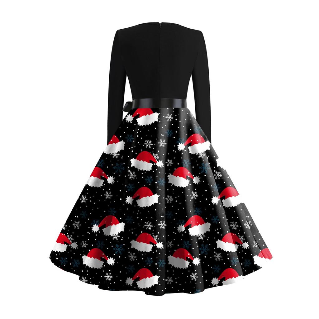 Women's Vintage Dress Long Sleeve Christmas Print Round Neck Swing Dress