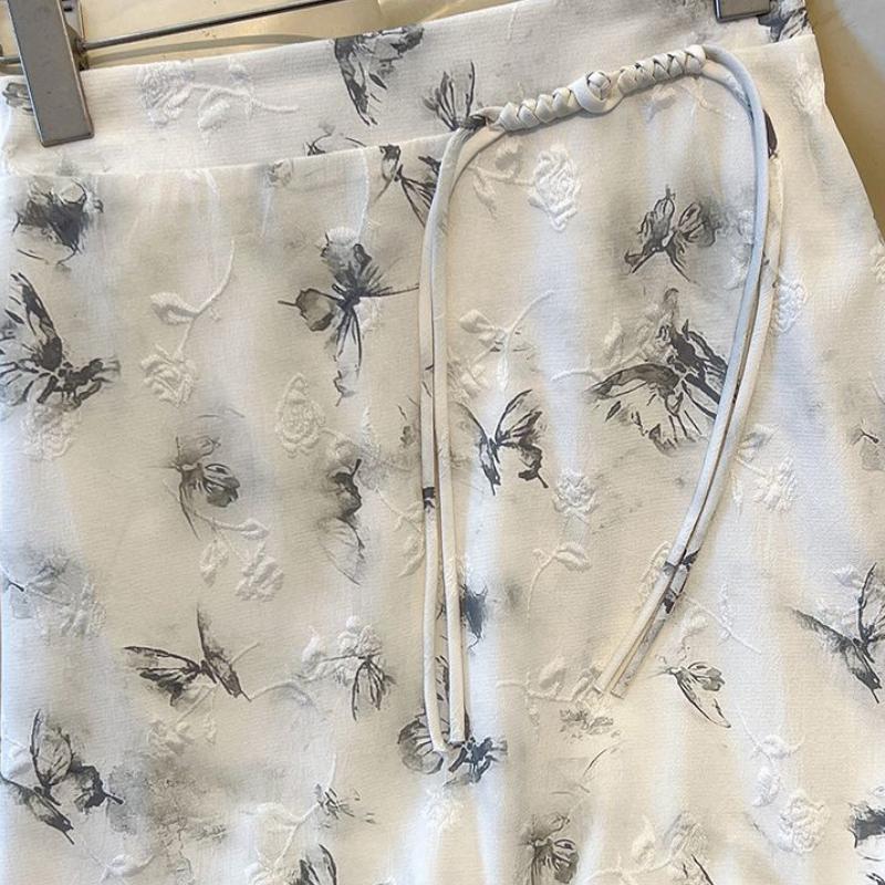 Midi-Rock mit Schmetterlingsdruck im chinesischen Stil für Damen Sommer Neo-Chinesisch Jacquard Froschknopf Lang A-Linie Blumenrock Elegant Hohe Taille