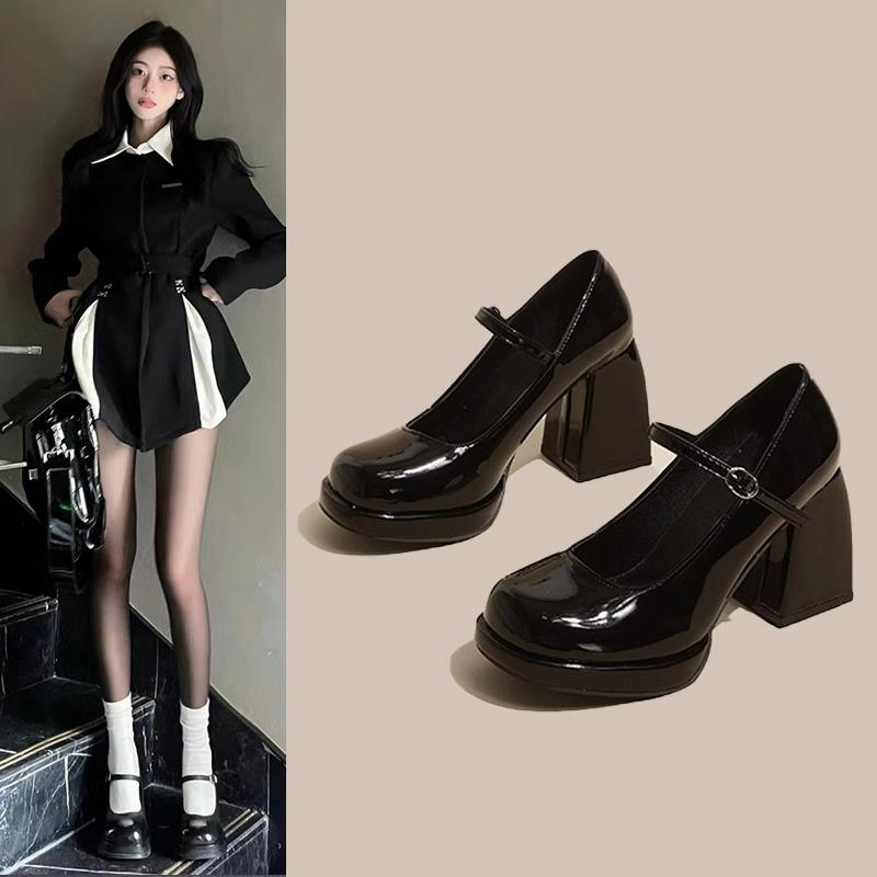 Small Leather Shoes Women's 2025 Spring New Thick Heel Thick Sole Black Versatile Height-enhancing Mary Jane High Heels