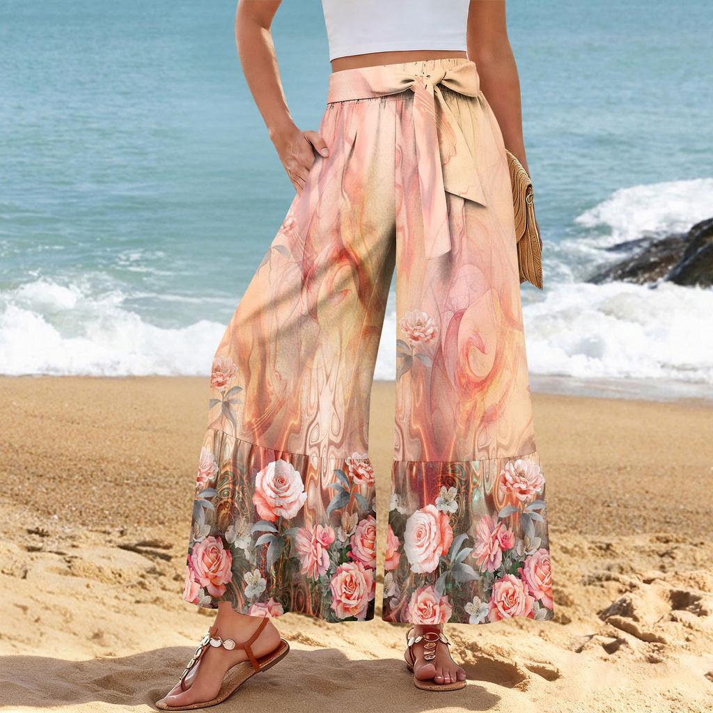 Women's Wide-Leg Casual Pants, Stretch, High Waist, Ruffled Hem, Wide Legs, Belted, And Pockets
