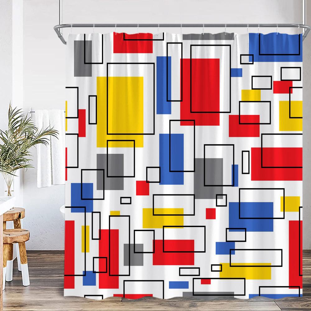 Geometric Abstract Shower Curtains Square Wave Line Triangle Circle Math Bathroom Decorations Modern Bath Curtain With Hooks