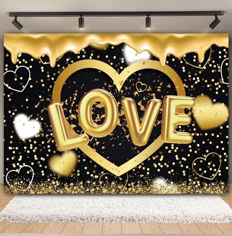 Happy Anniversary Backdrop Gold Balloon Glitter Love Heart Flower Birthday Party Bridal Shower Wedding Photography Background
