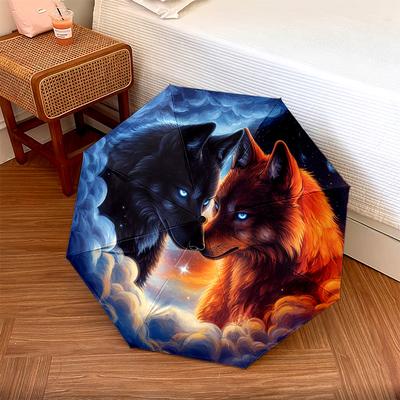 1 Stück Automatischer Faltregenschirm - Feuer und Eis Wolfsmuster, Tragbares & Faltbares Design mit 8 Speichen, Weihnachts- Geburtstagsgeschenke