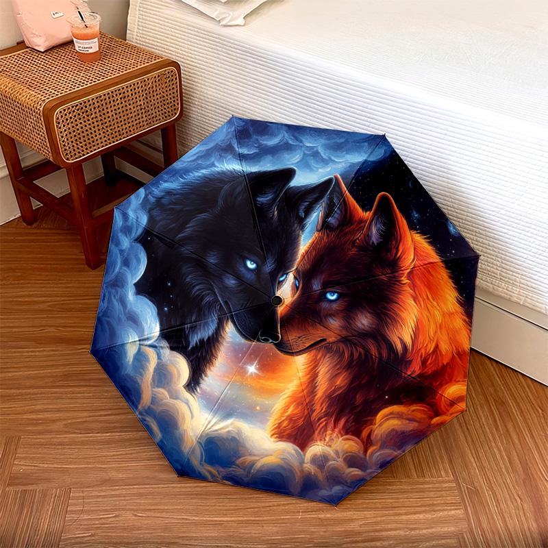 

1 шт. Автоматический складной зонт - Узор Волк Огонь и Лед , Портативный и складной дизайн с 8 спицами, Рождественские и Подарок на День Рождения