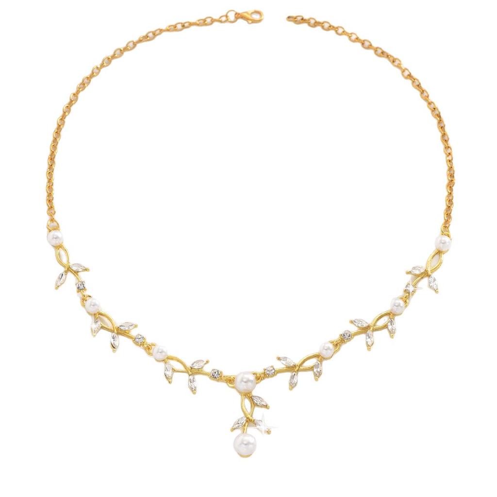 Elegant Pearl & Rhinestone Leaf Jewelry Set for Brides