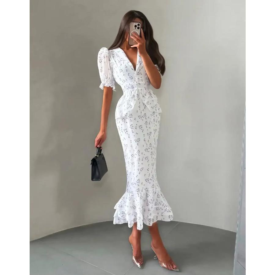 Vestido Midi Sirena Peplum Cuello Blazer Manga Abullonada Estampado Floral Blanco para Mujer Elegante Casual Vestido de Dama de Honor Boda Vestido de Verano