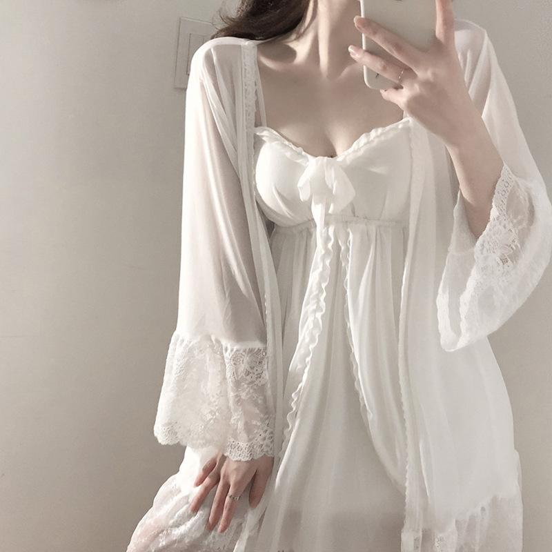 Seductive Sexy Suspender Sex Nightdress Women'S Mesh Lace Nightgown Loungewear With Chest Pad Pajama Set