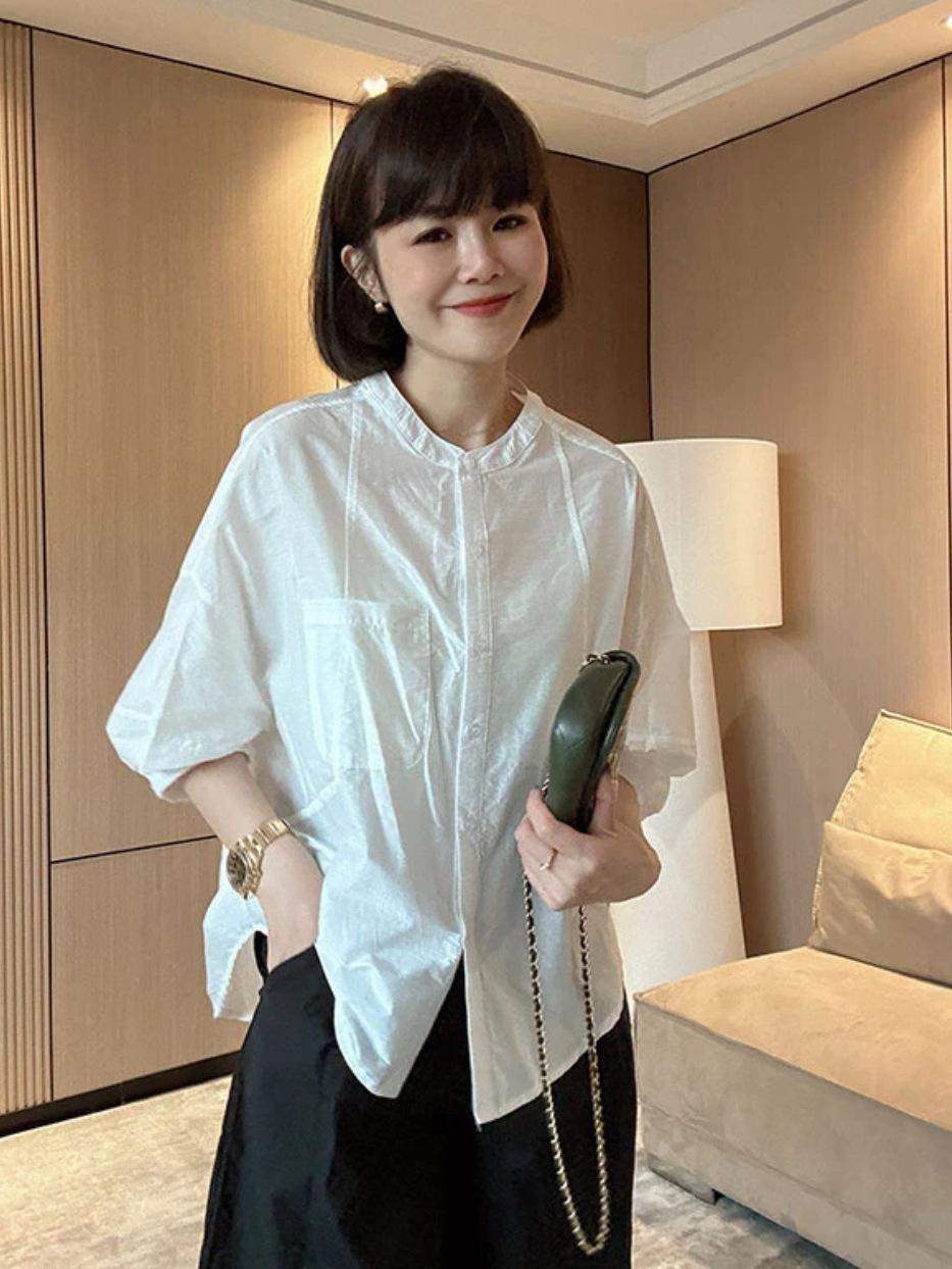 

Женская летняя блузка в стиле французский шик, свободного кроя, стройнящая, с рукавом пять восьмых Large белый