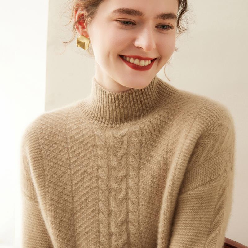 Women's Cashmere Semi-High Neck Long Sleeve Pullover - Solid Color, Casual, Loose, Thickened for Autumn/Winter.