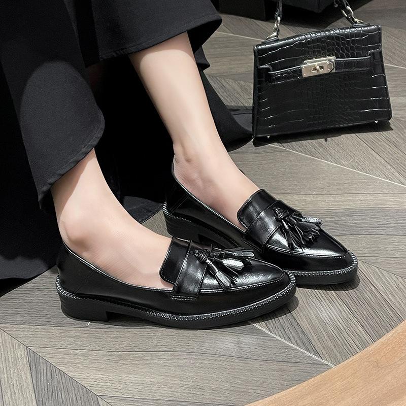 Pointed Toe Tassel Oxfords Woman Solid Small Leather Shoes Ladies Thicken Soled Flats Mocasines Mujer Loafers Barefoot Sneakers