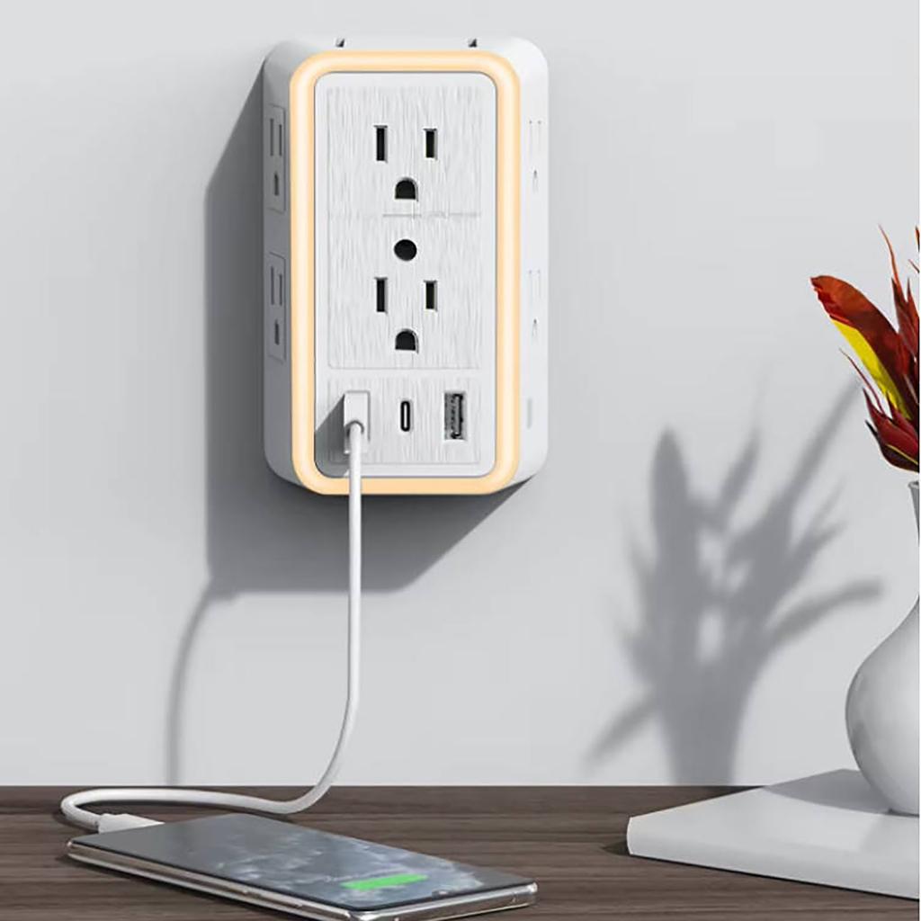 Multi Plug  Surge Protector, 6-Outlet Extender With 2 USB Charging Ports, USB-C And Night Light, 3-Sided Power Strip With Adapter Spaced Outlets